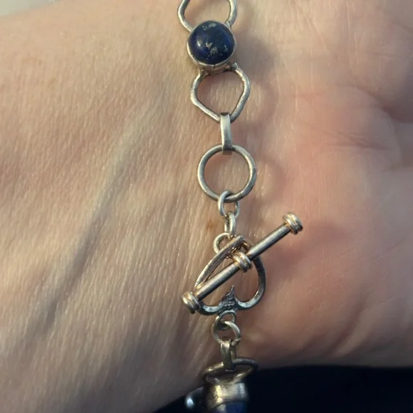 Sterling Silver Lapis Lazuli Bracelet 925 Toggle Clasp 7.5” Artisan Link - Picture 3 of 6